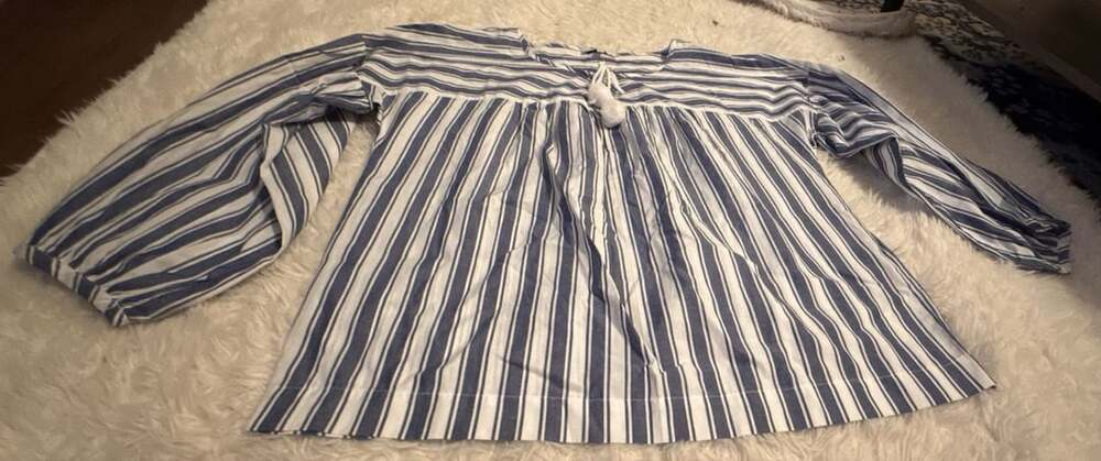 Madewell Peasant Top Size M Shea Stripe Blue White Boho Tassel